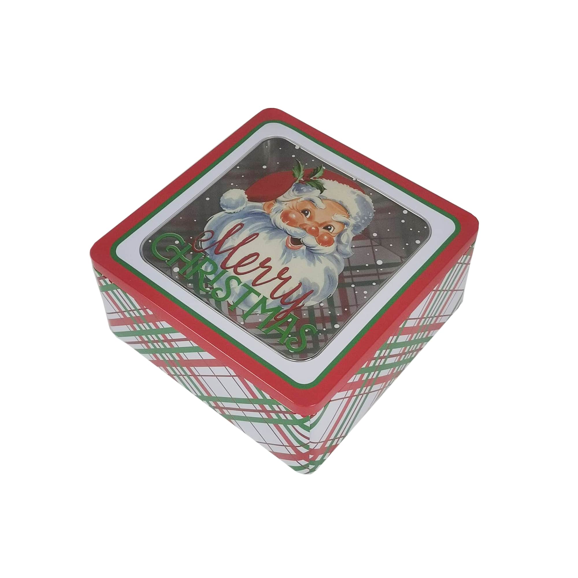 Plaid Santa with Clear Window Square Christmas Tin by Makery™